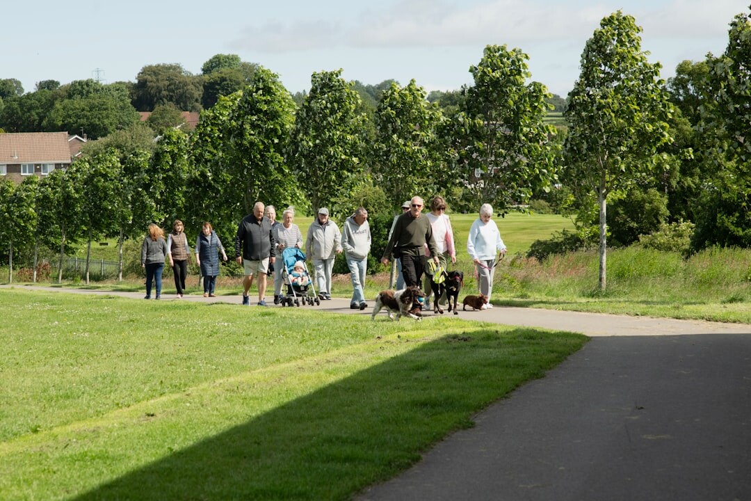 group of seniors walking in park