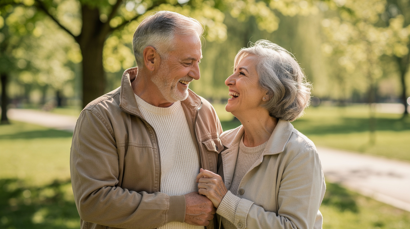 Elderly couple laughing together outdoors on a sunny day